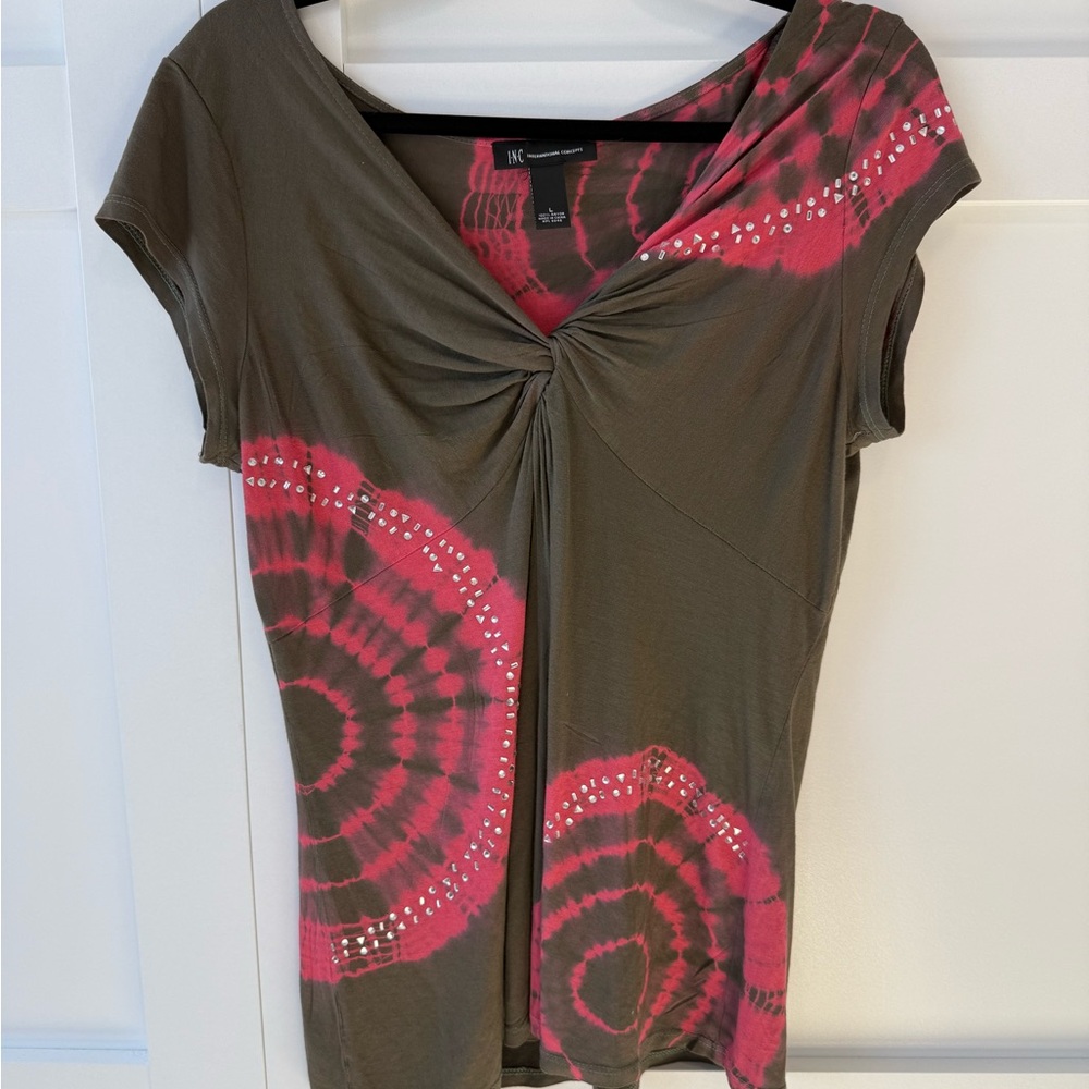 INC  Green and Pink Tie Front TieDye Blouse with Silver Rhinestone Details